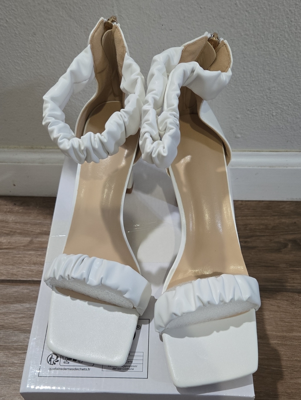 SHEIN White Ruched Strap Square-Toe Heeled Sandals